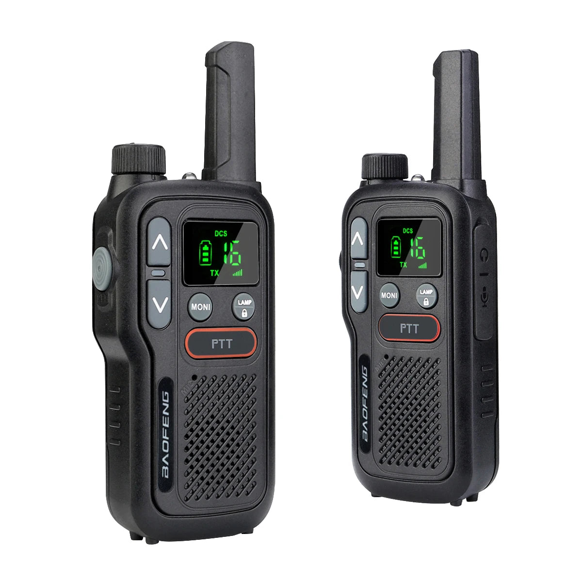 Deux talkies-walkies longue portée SONORA de 5W avec câble de chargement, adaptés à la communication à distance.