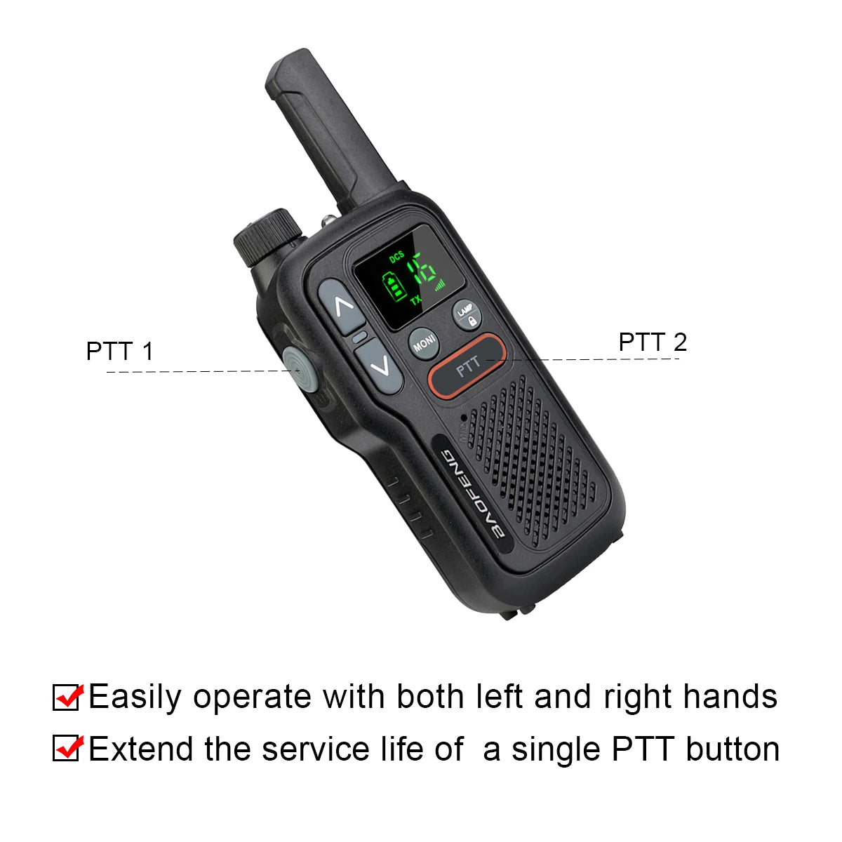 Deux talkies-walkies SONORA longue portée 5W avec câble, pour communication claire à distance.