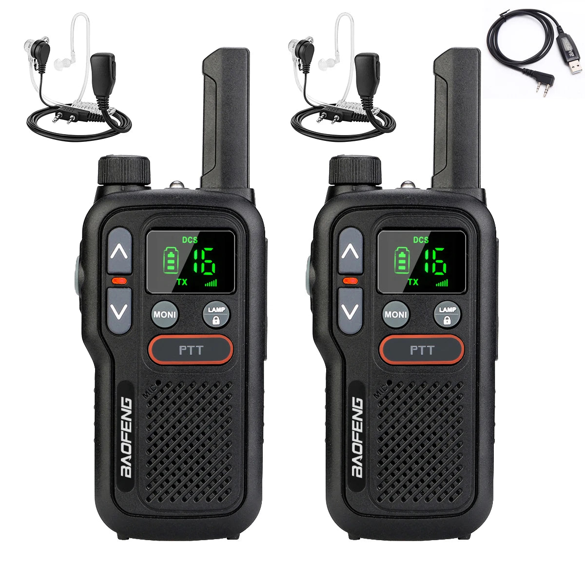 Deux talkies-walkies longue portée SONORA 5W avec câbles de connexion, conçus pour une communication claire à distance.