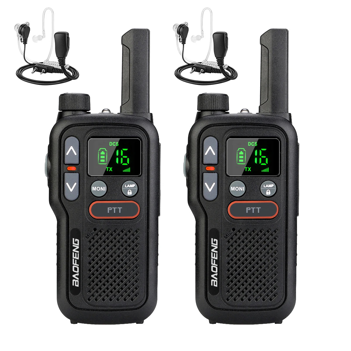 Deux talkies-walkies longue portée SONORA 5W avec câbles, conçus pour une communication claire et efficace en extérieur.