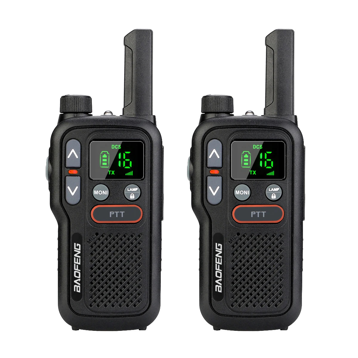 Deux talkies-walkies longue portée SONORA 5W avec câble, conçus pour une communication claire à distance.