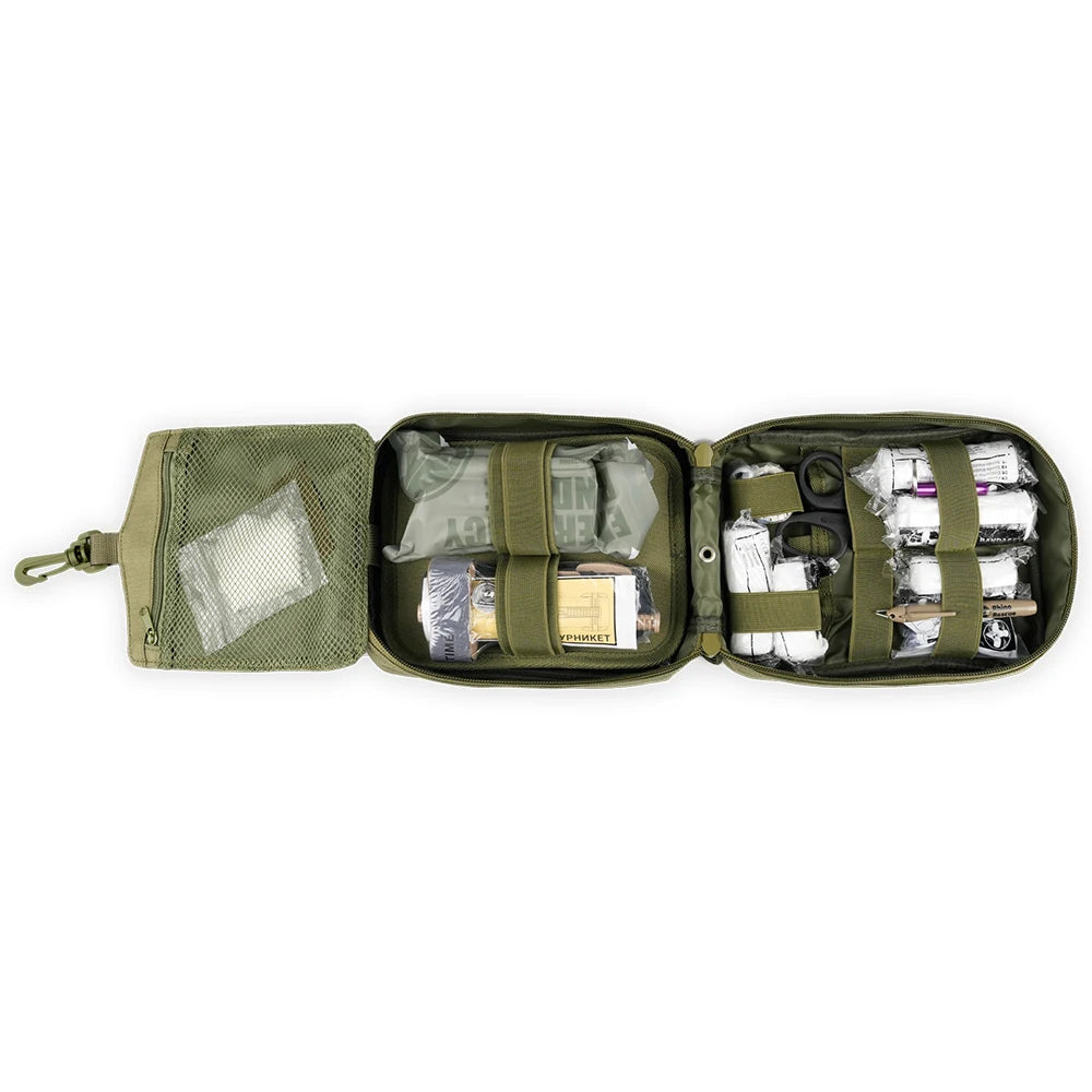 Kit de premiers secours SONORA avec bandages, antiseptiques et matériel d'urgence pour soins rapides.