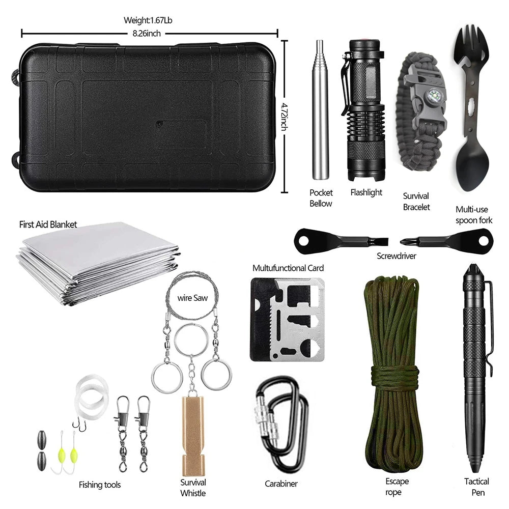 Kit de survie multifonction SONORA avec outils intégrés pour l'extérieur et les situations d'urgence, noir et compact.