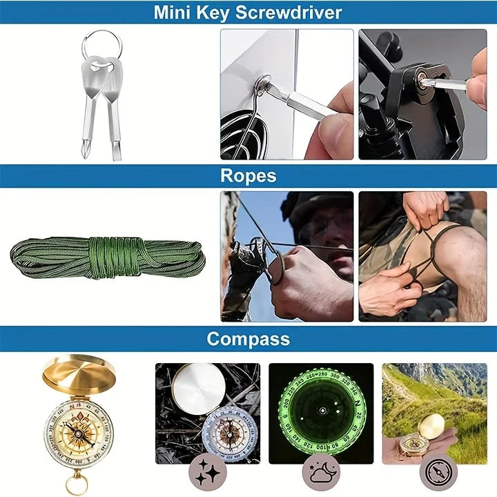 Kit de survie multifonction SONORA avec outils essentiels pour l'extérieur, incluant couteau, lampe et accessoires compacts.