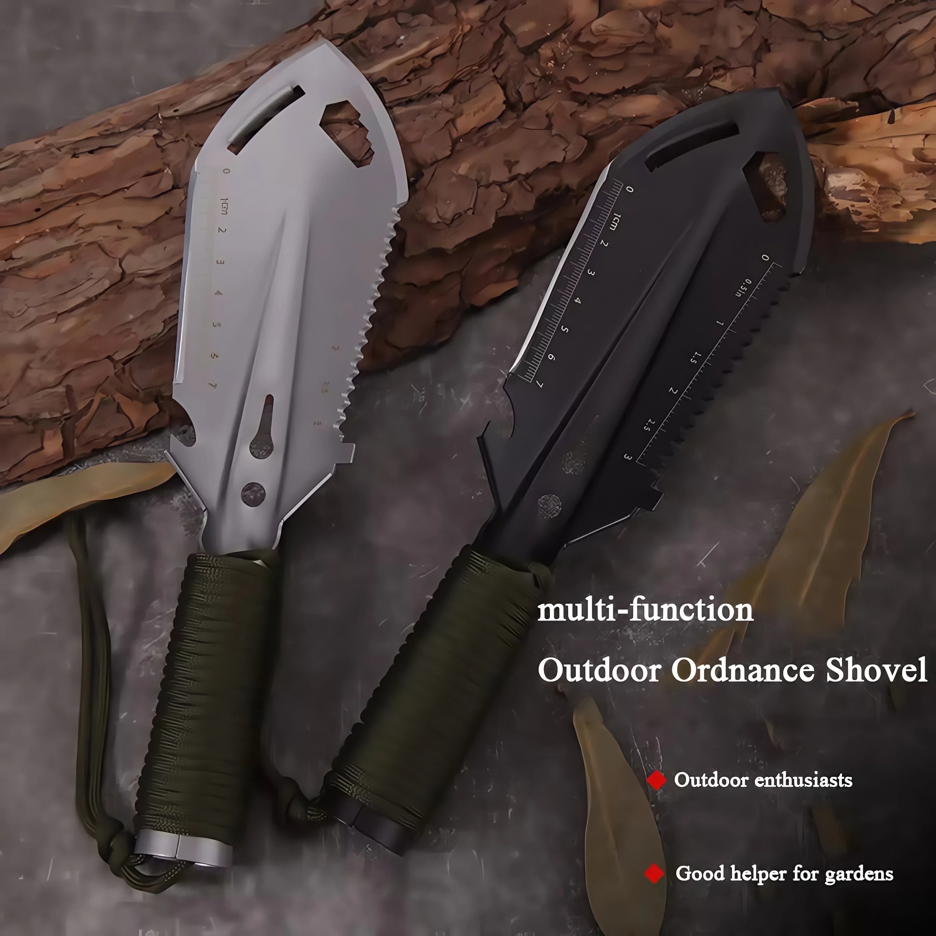 Mini-pelle tactique 6-en-1 SONORA avec manches et accessoires, conçue pour le camping, la randonnée et les activités extérieures.