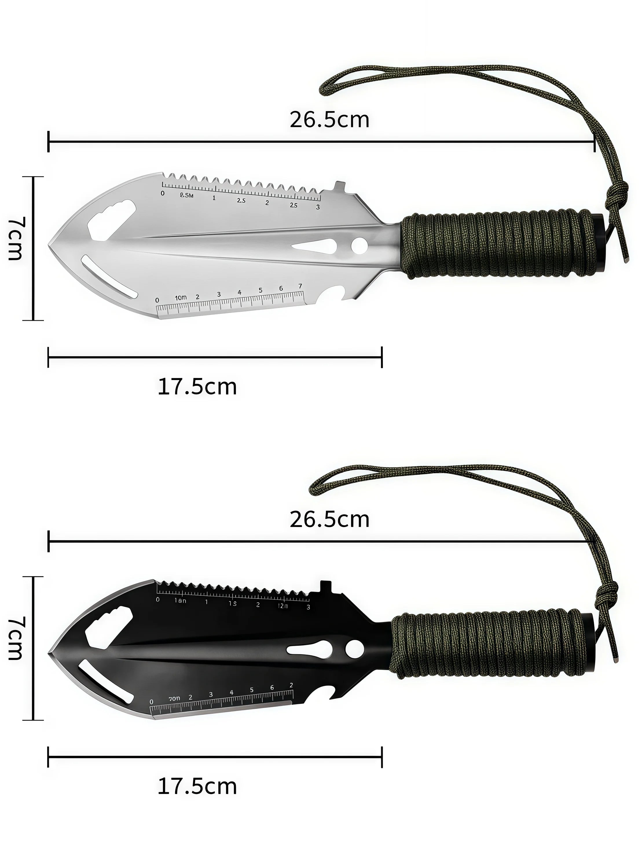 Mini-pelle tactique 6-en-1 SONORA avec plusieurs outils, conçue pour le jardinage et travaux légers, visible avec poignée et accessoires.
