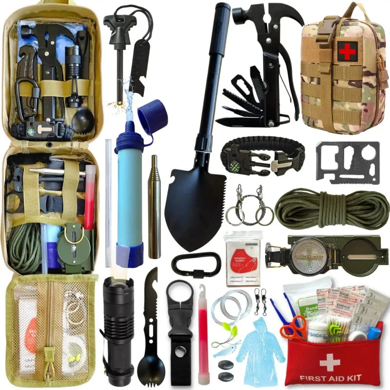 Kit de survie SONORA 72 heures+ avec outils essentiels pour l'urgence, comprenant alimentation, lampe et équipements de sécurité.