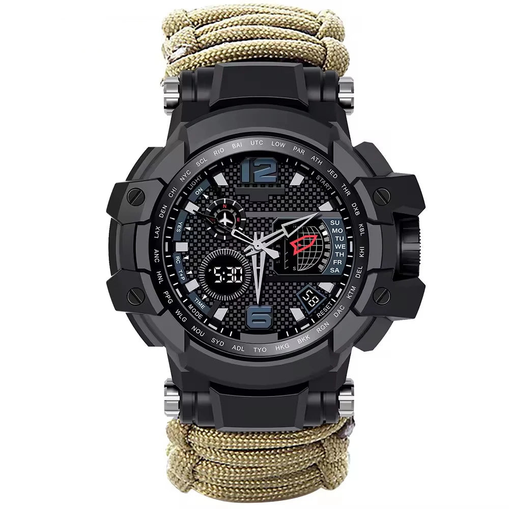 Montre boussole SONORA avec cadran clair, bracelet en cuir noir, détails précis pour navigation et style.