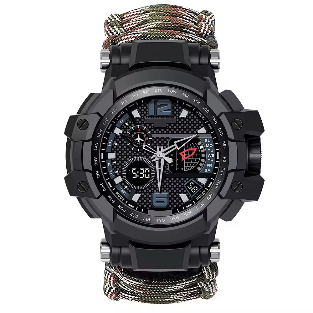 Montre boussole SONORA avec cadran lumineux et bracelet en cuir, affichant l'heure et la direction.