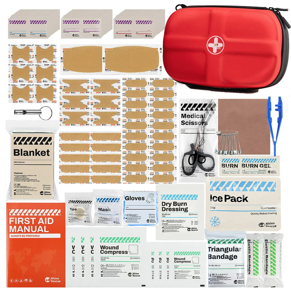 Kit d'urgence portable étanche SONORA rouge avec bandoulière, contenant des fournitures de secours essentielles.