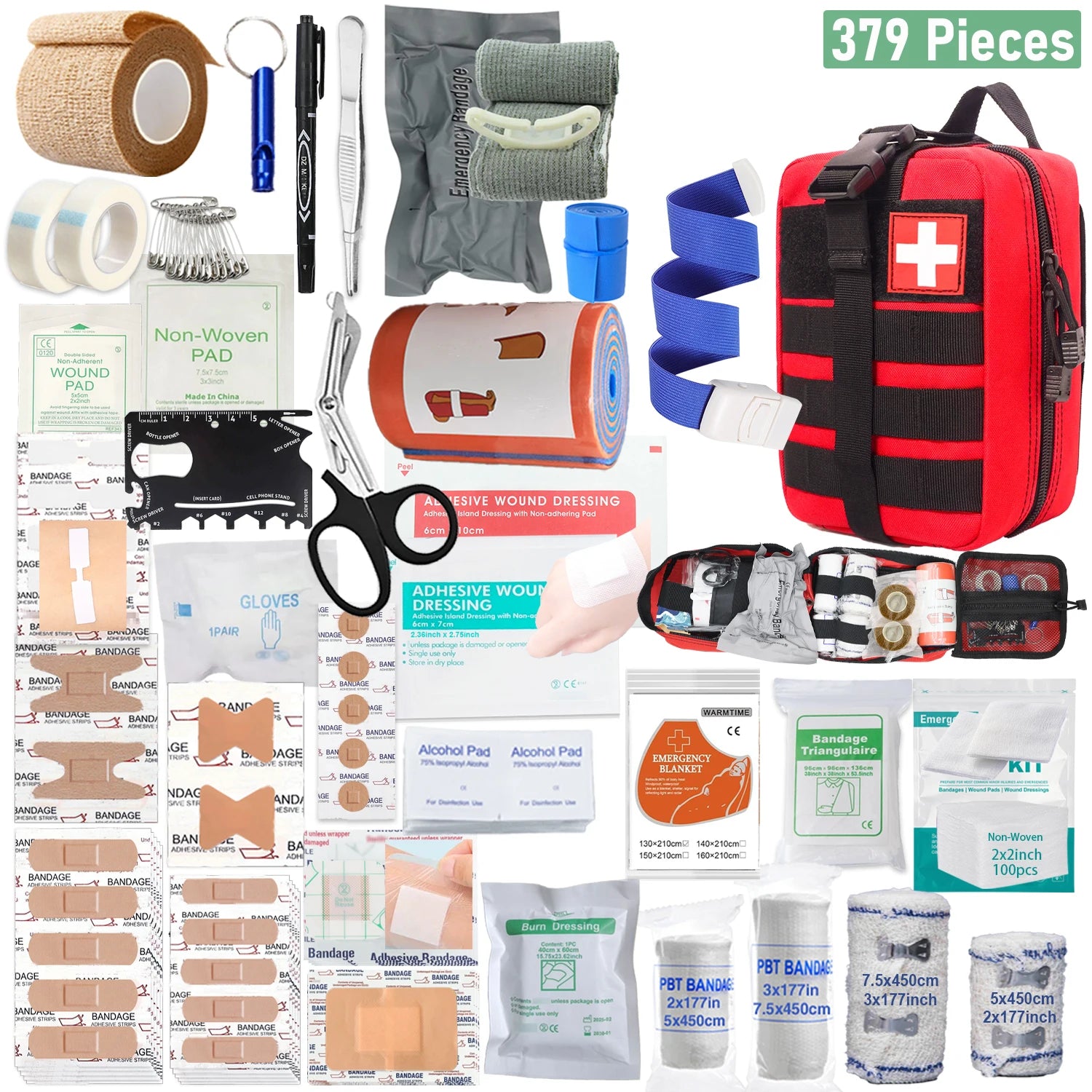 Kit de secours complet SONORA avec trousses rouges, comprenant des bandages, pansements et accessoires essentiels pour premiers soins