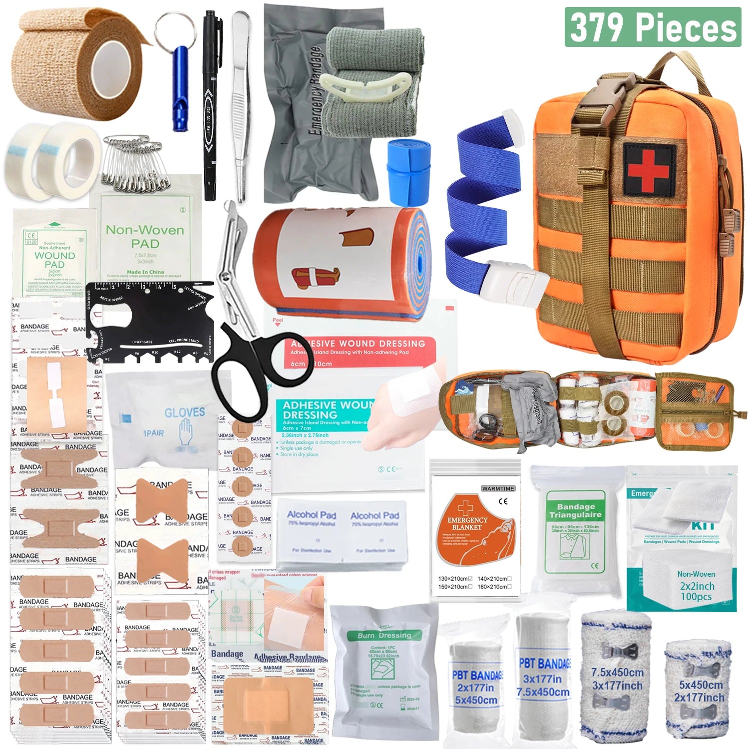 Kit de secours complet SONORA avec bandages, pansements et outils essentiels pour premiers soins, rouge, prêt à l'emploi.