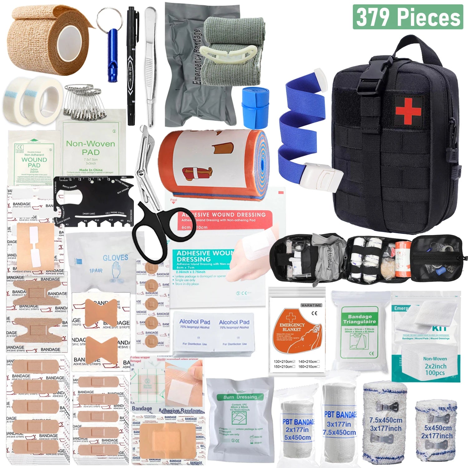 Kit de secours complet SONORA avec bandages, pansements et matériel d'urgence en rouge, pour premiers soins.