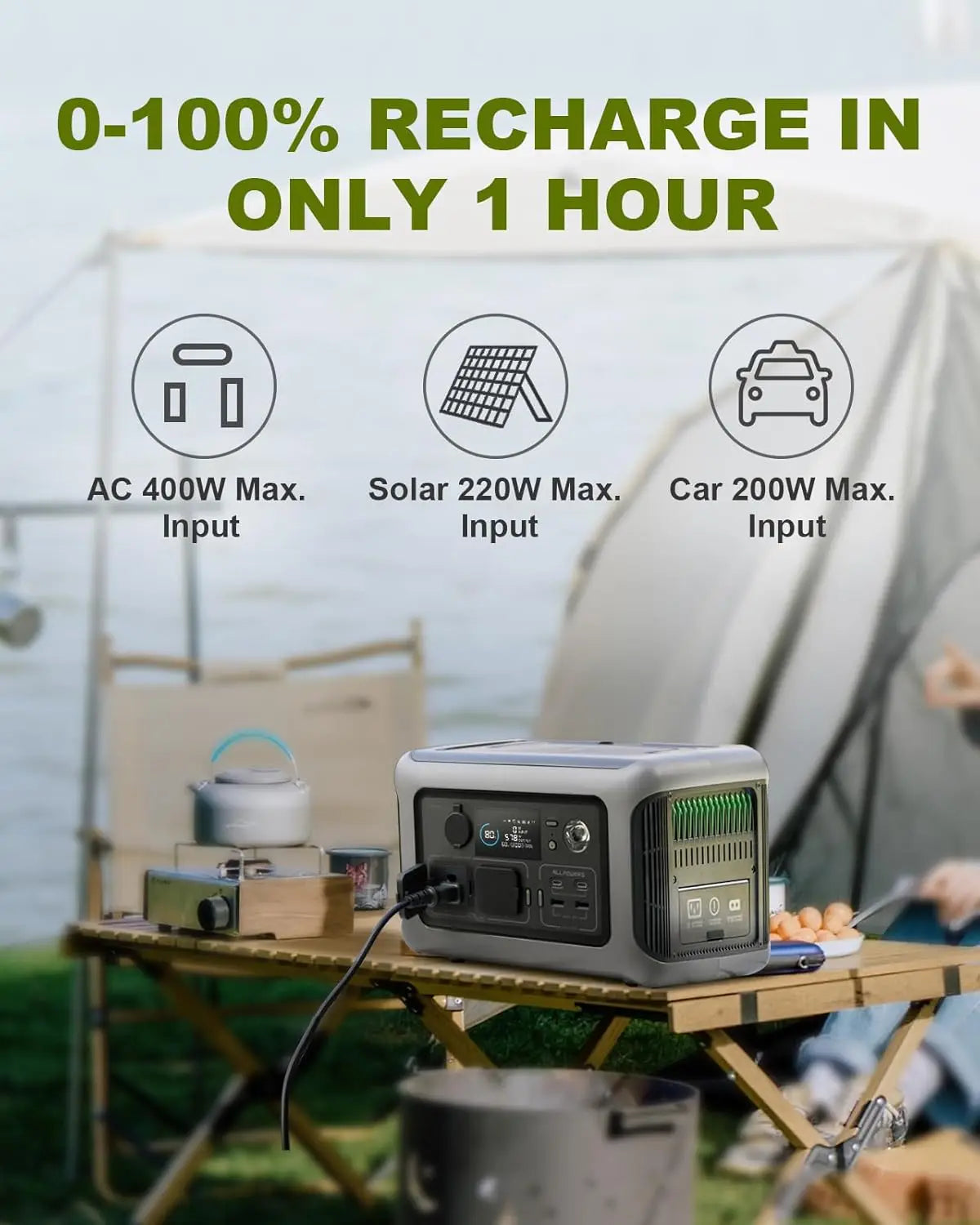 Station d’énergie portable solaire SONORA avec panneau solaire, affichage et prises pour alimentation en déplacement.